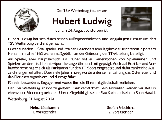 Traueranzeige von Hubert Ludwig von WLZ