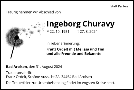 Traueranzeige von Ingeborg Churavy von WLZ