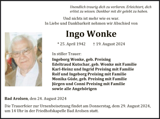 Traueranzeige von Ingo Wonke von WLZ