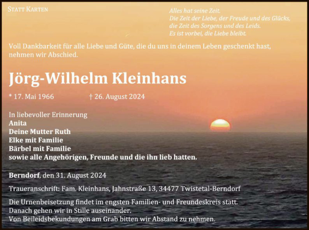  Traueranzeige für Jörg-Wilhelm Kleinhans vom 31.08.2024 aus WLZ