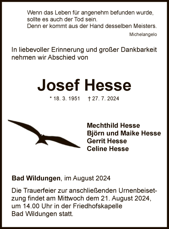 Traueranzeige von Josef Hesse von WLZ