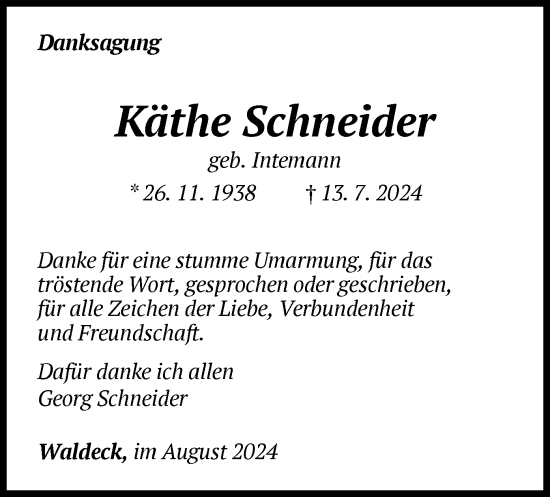 Traueranzeige von Käthe Schneider von WLZ