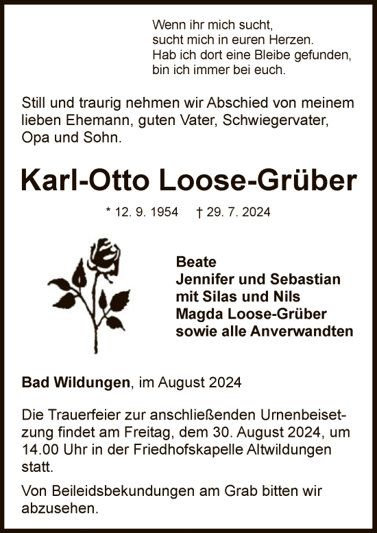 Traueranzeige von Karl-Otto Loose-Grüber von WLZ