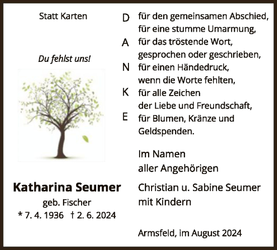 Traueranzeige von Katharina Seumer von WLZ