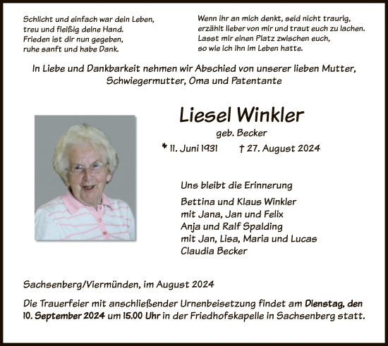 Traueranzeige von Liesel Winkler von HNAWLZ