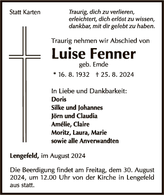 Traueranzeige von Luise Fenner von WLZ