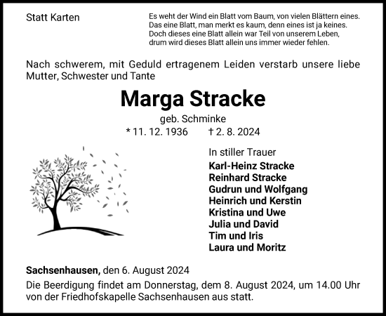 Traueranzeige von Marga Stracke von WLZ