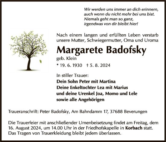 Traueranzeige von Margarete Badofsky von WLZ