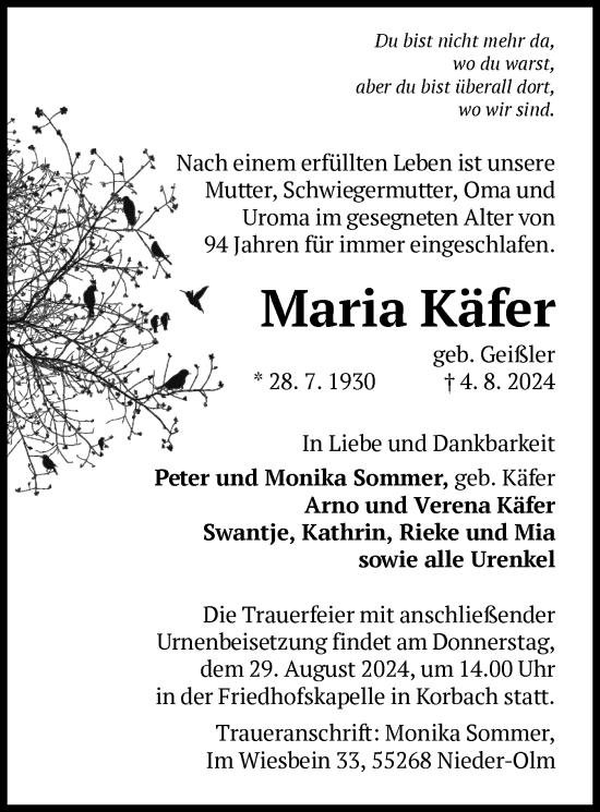 Traueranzeige von Maria Käfer von WLZ