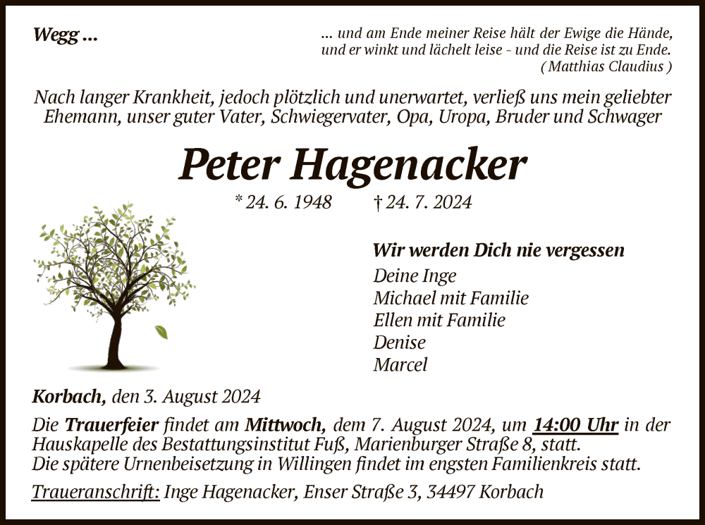  Traueranzeige für Peter Hagenacker vom 03.08.2024 aus WLZ