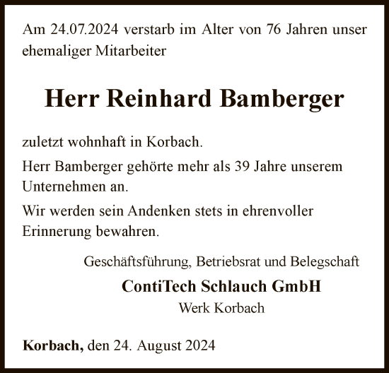 Traueranzeige von Reinhard Bamberger von WLZ