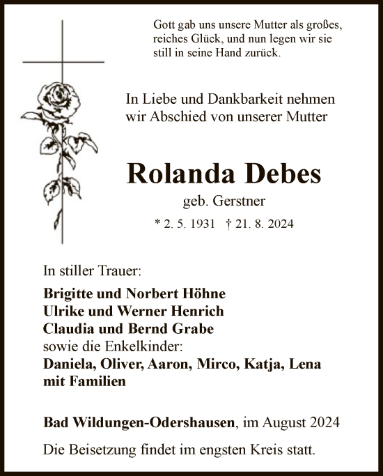 Traueranzeige von Rolanda Debes von WLZ