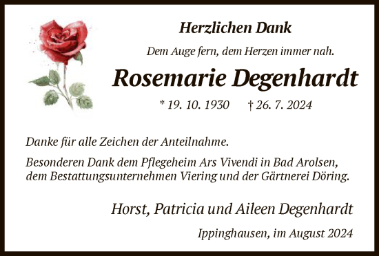 Traueranzeige von Rosemarie Degenhardt von HNAWLZ