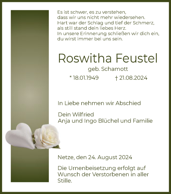 Traueranzeige von Roswitha Feustel von WLZ