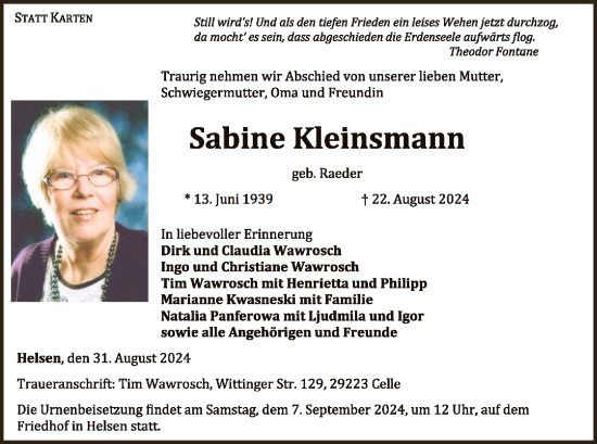 Traueranzeige von Sabine Kleinsmann von WLZ