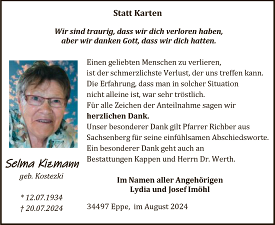 Traueranzeige von Selma Kizmann von WLZ