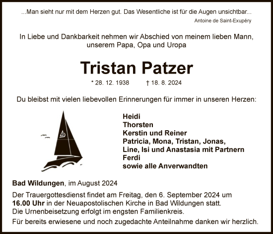 Traueranzeige von Tristan Patzer von WLZ