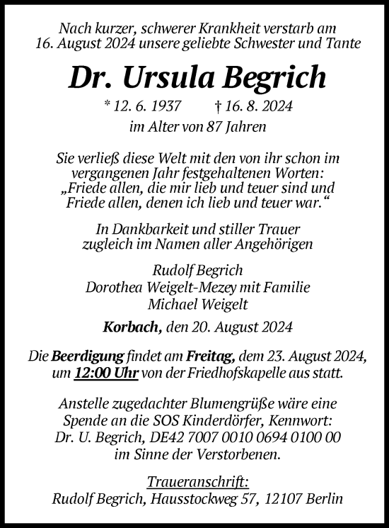 Traueranzeige von Ursula Begrich von WLZ