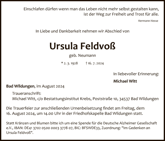 Traueranzeige von Ursula Feldvoß von WLZ