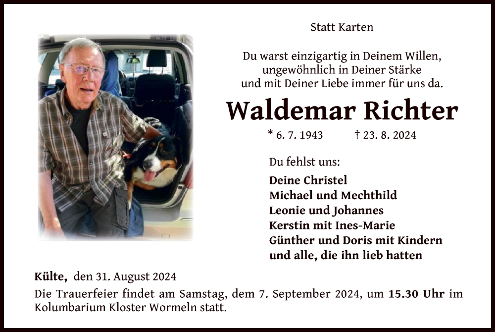  Traueranzeige für Waldemar Richter vom 31.08.2024 aus WLZ