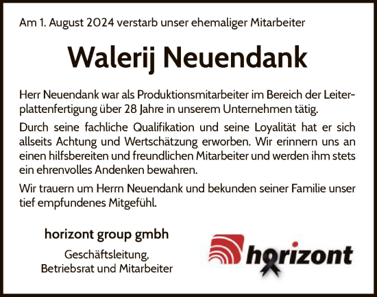 Traueranzeige von Walerij Neuendank von WLZ