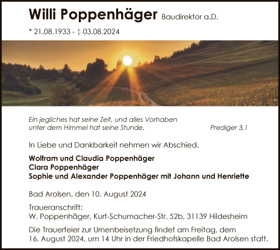 Traueranzeige von Willi Poppenhäger von WLZ