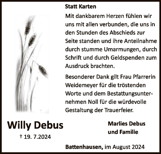 Traueranzeige von Willy Debus von WLZHNA