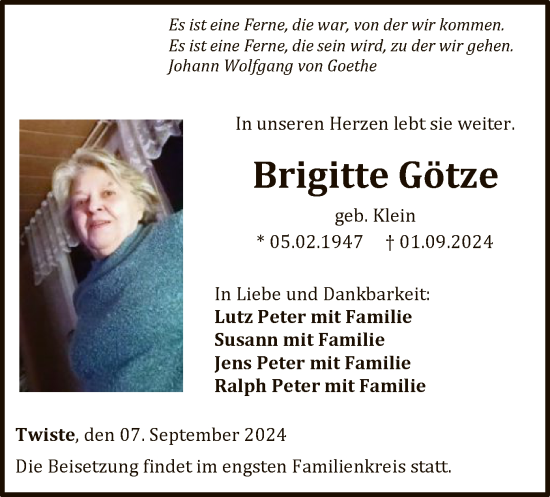 Traueranzeige von Brigitte Götze von WLZ