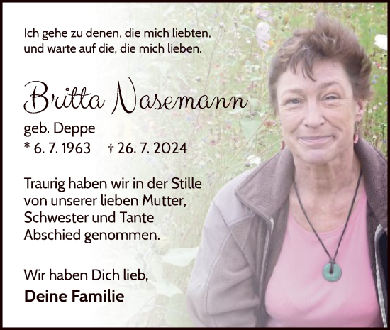 Traueranzeige von Britta Nasemann von WLZ