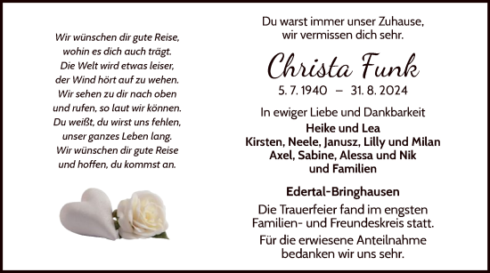 Traueranzeige von Christa Funk von WLZ