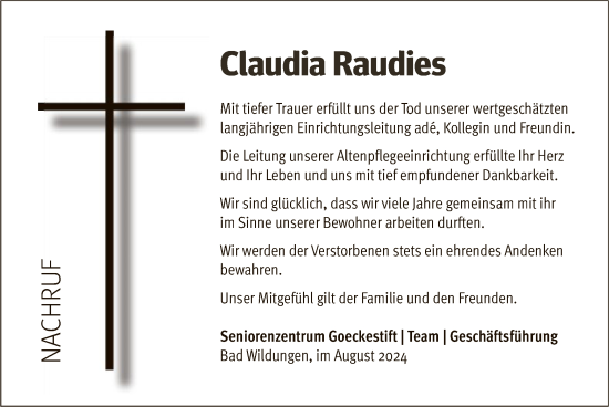 Traueranzeige von Claudia Raudies von WLZ