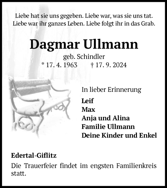 Traueranzeige von Dagmar Ullmann von WLZ