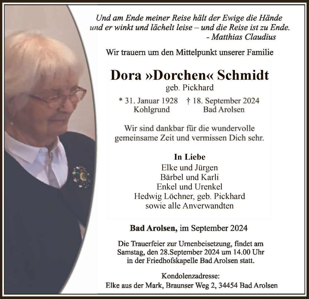  Traueranzeige für Dora Schmidt vom 21.09.2024 aus WLZ