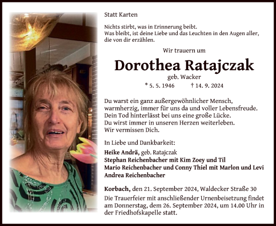 Traueranzeige von Dorothea Ratajczak von WLZ