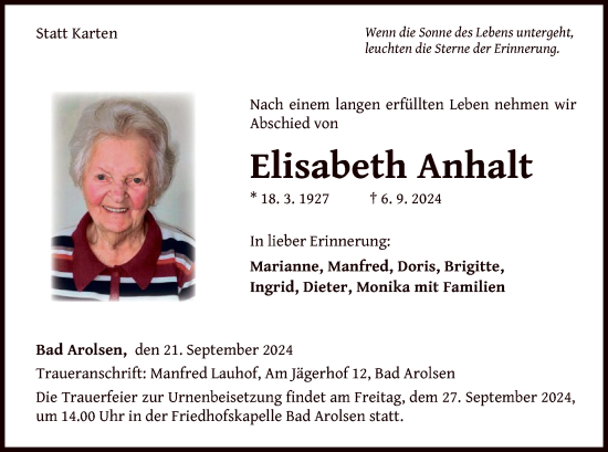 Traueranzeige von Elisabeth Anhalt von WLZ