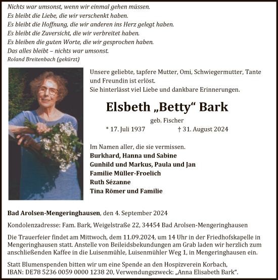 Traueranzeige von Elsbeth Bark von WLZ