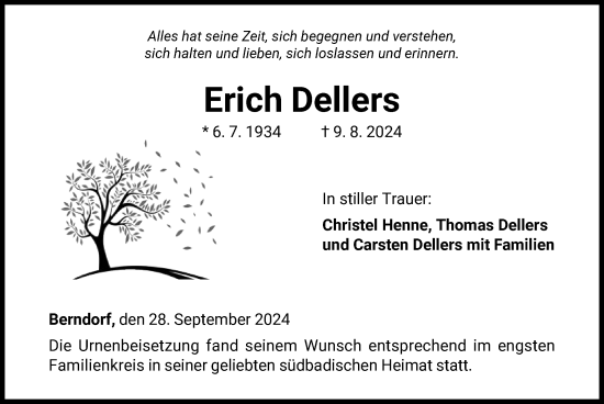 Traueranzeige von Erich Dellers von WLZ