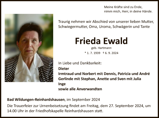 Traueranzeige von Frieda Ewald von WLZ