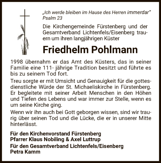 Traueranzeige von Friedhelm Pohlmann von WLZ