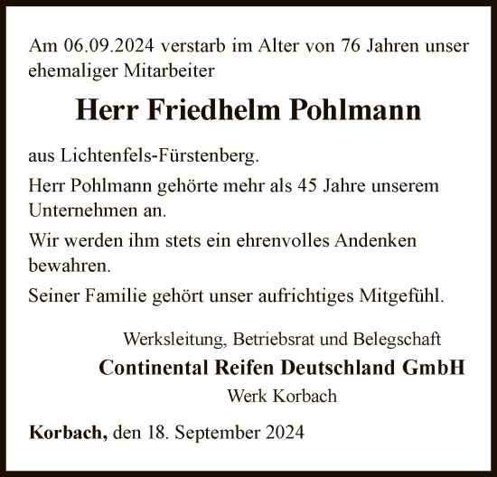 Traueranzeige von Friedhelm Pohlmann von WLZ