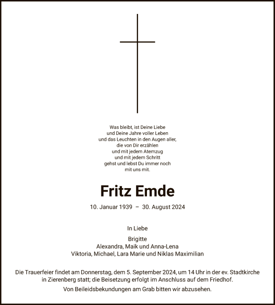 Traueranzeige von Fritz Emde von HNAHNAWLZ