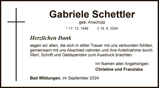 Traueranzeige von Gabriele Schettler von WLZ