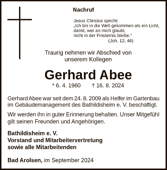Traueranzeige von Gerhard Abee von WLZ
