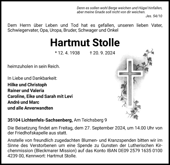 Traueranzeige von Hartmut Stolle von WLZHNA