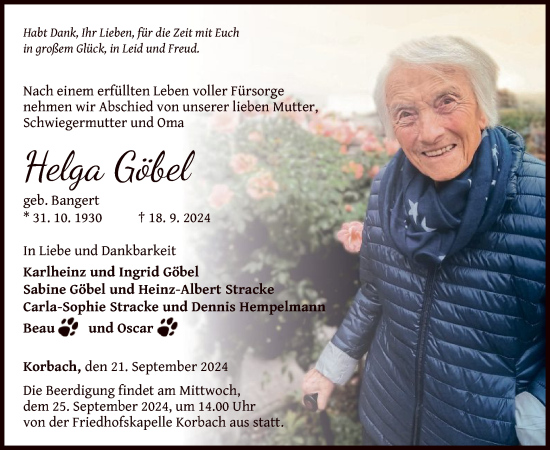 Traueranzeige von Helga Göbel von WLZ