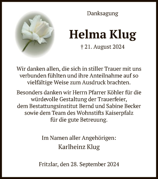 Traueranzeige von Helma Klug von HNAWLZ