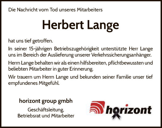 Traueranzeige von Herbert Lange von WLZ