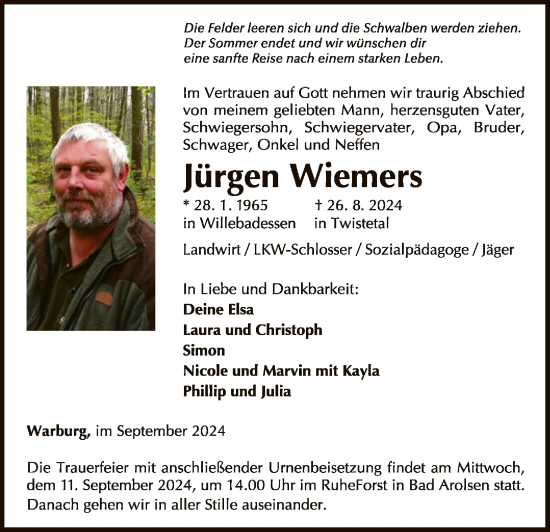 Traueranzeige von Jürgen Wiemers von WLZ