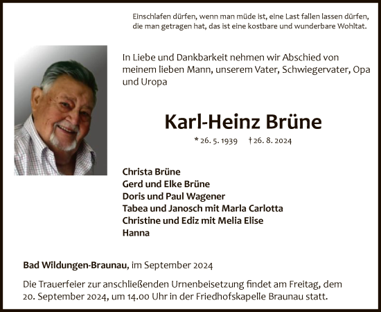 Traueranzeige von Karl-Heinz Brüne von WLZ