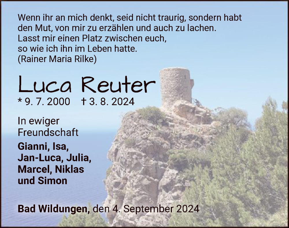  Traueranzeige für Luca Reuter vom 04.09.2024 aus WLZ